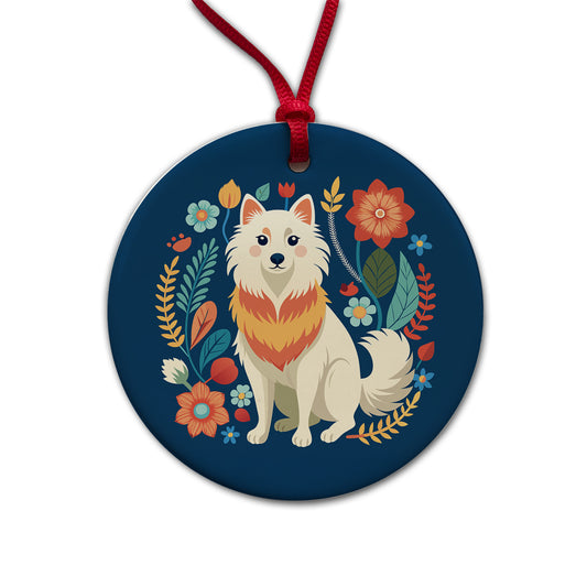 American Eskimo Dog Floral Flowers Round Ceramic Holiday Christmas Tree Ornament