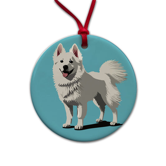 American Eskimo Dog Standing Round Ceramic Holiday Christmas Tree Ornament