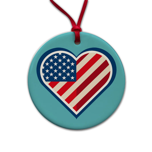 American Flag in Heart Patriotic USA United States Round Ceramic Holiday Christmas Tree Ornament