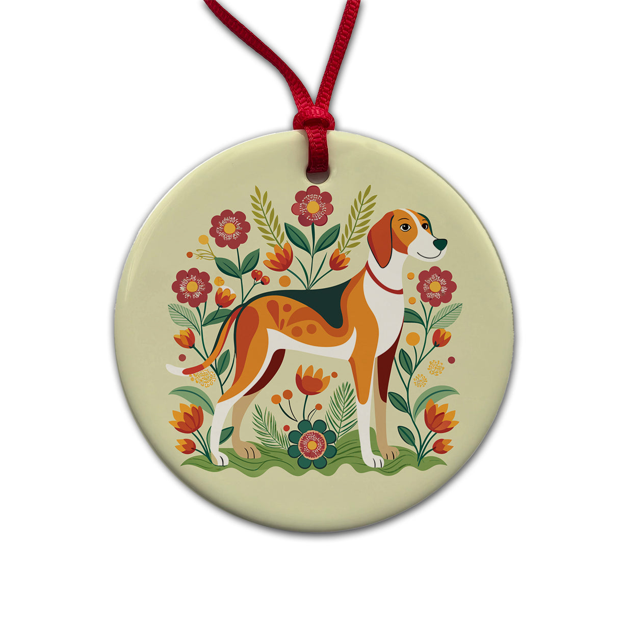 American Foxhound Dog Floral Flowers Round Ceramic Holiday Christmas Tree Ornament
