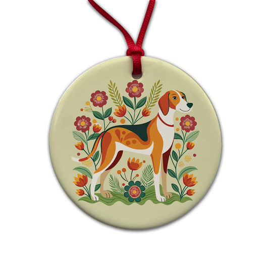 American Foxhound Dog Floral Flowers Round Ceramic Holiday Christmas Tree Ornament