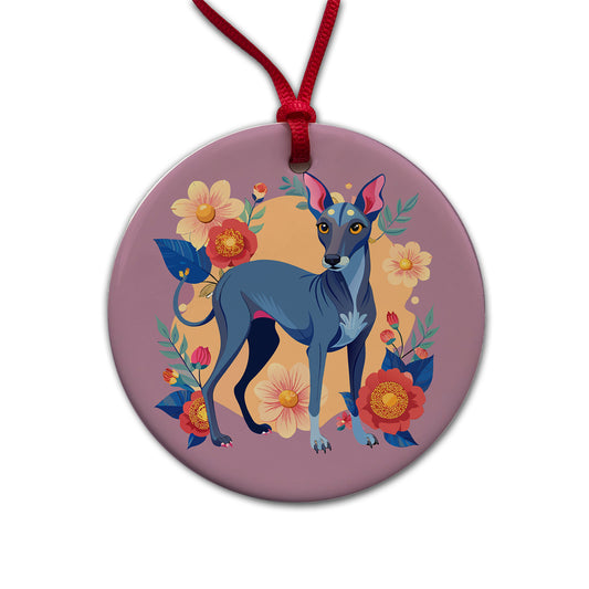 American Hairless Terrier Dog Floral Flowers Round Ceramic Holiday Christmas Tree Ornament