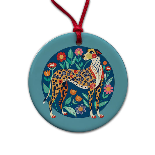 American Leopard Hound Dog Floral Flowers Round Ceramic Holiday Christmas Tree Ornament