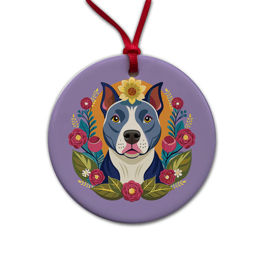 American Pit Bull Terrier Dog Floral Flowers Round Ceramic Holiday Christmas Tree Ornament