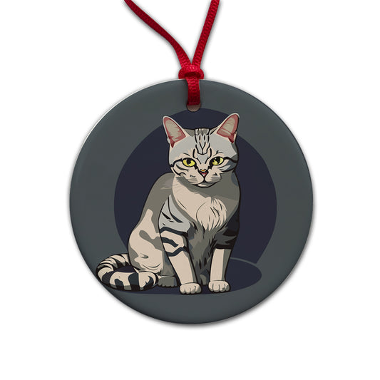 American Shorthair Cat Sitting Round Ceramic Holiday Christmas Tree Ornament