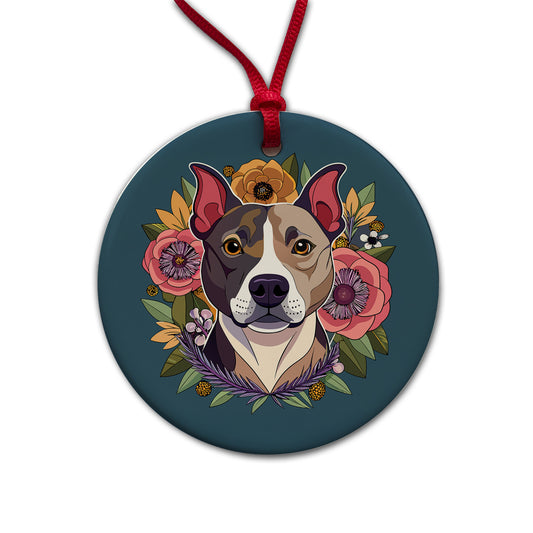American Staffordshire Terrier Dog Floral Flowers Round Ceramic Holiday Christmas Tree Ornament