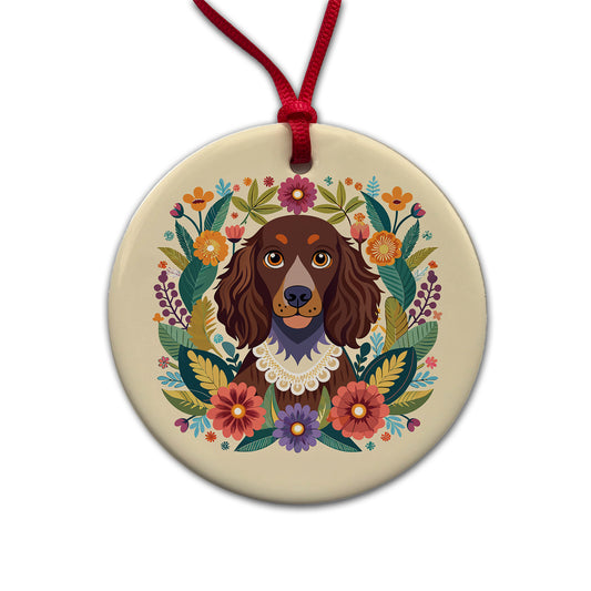 American Water Spaniel Dog Floral Flowers Round Ceramic Holiday Christmas Tree Ornament