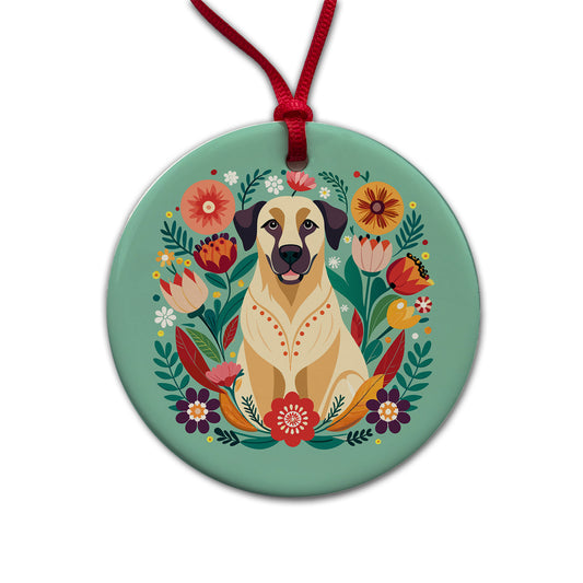 Anatolian Shepherd Dog Floral Flowers Round Ceramic Holiday Christmas Tree Ornament