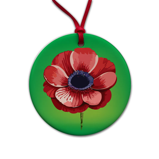 Anemone Flower Watercolor Red Round Ceramic Holiday Christmas Tree Ornament