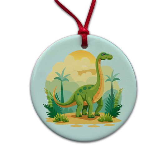 Apatosaurus Dinosaur Round Ceramic Holiday Christmas Tree Ornament