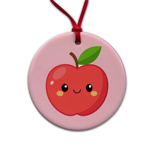 Apple Cute Happy Fruit Teacher Round Ceramic Holiday Christmas Tree Ornament