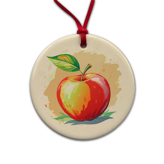 Apple Watercolor Teacher Round Ceramic Holiday Christmas Tree Ornament
