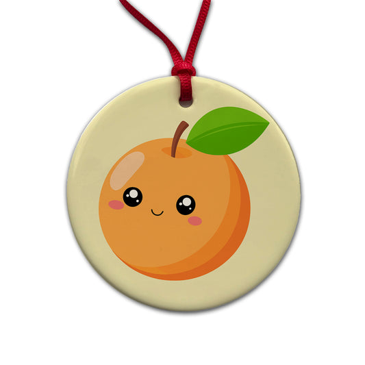 Apricot Cute Happy Fruit Round Ceramic Holiday Christmas Tree Ornament