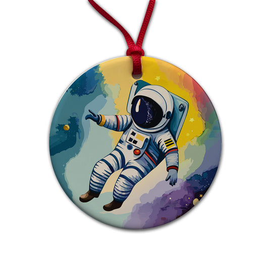 Astronaut Floating in Space Astronomy Round Ceramic Holiday Christmas Tree Ornament