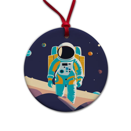 Astronaut in Outer Space Planets Science Fiction Round Ceramic Holiday Christmas Tree Ornament