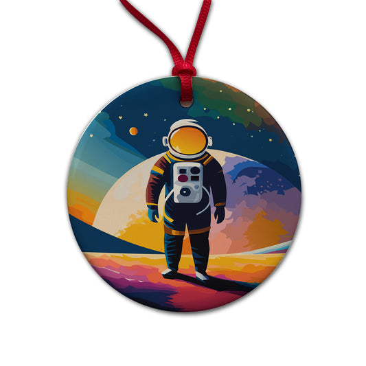 Astronaut Standing Space Astronomy Round Ceramic Holiday Christmas Tree Ornament