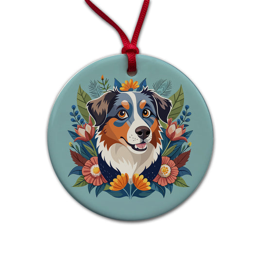 Australian Shepherd Dog Floral Flowers Round Ceramic Holiday Christmas Tree Ornament