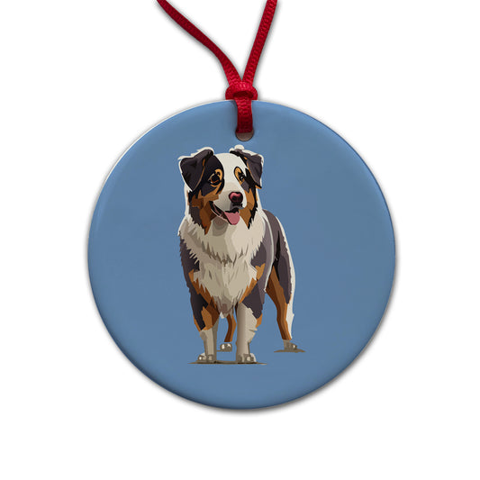 Australian Shepherd Dog Standing Round Ceramic Holiday Christmas Tree Ornament