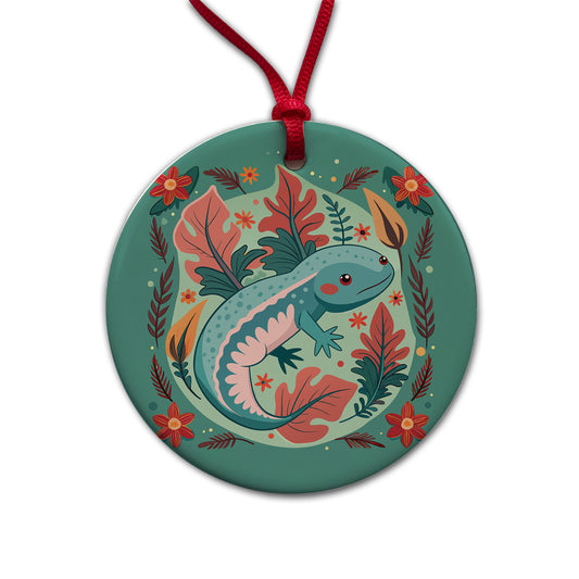 Axolotl Floral Motif Round Ceramic Holiday Christmas Tree Ornament