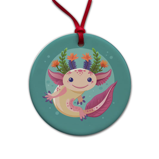 Axolotl Head Floral Flowers Round Ceramic Holiday Christmas Tree Ornament