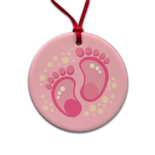 Baby Footprints Pink Round Ceramic Holiday Christmas Tree Ornament