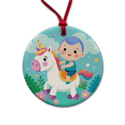 Baby Riding Unicorn Cute Funny Round Ceramic Holiday Christmas Tree Ornament