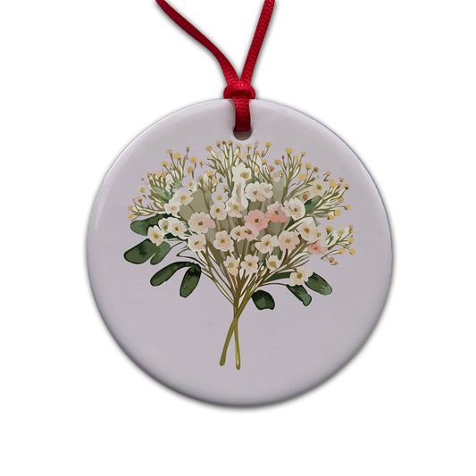 Baby's Breath Flowers White Round Ceramic Holiday Christmas Tree Ornament