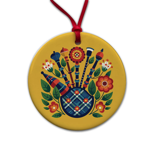 Bagpipes Music Floral Motif Round Ceramic Holiday Christmas Tree Ornament