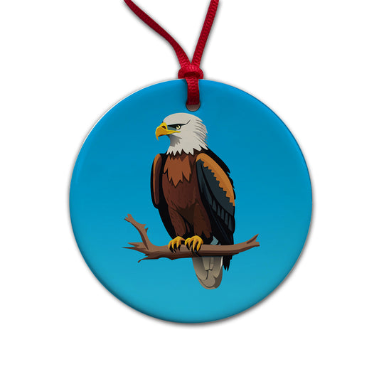 Bald Eagle on Branch Round Ceramic Holiday Christmas Tree Ornament
