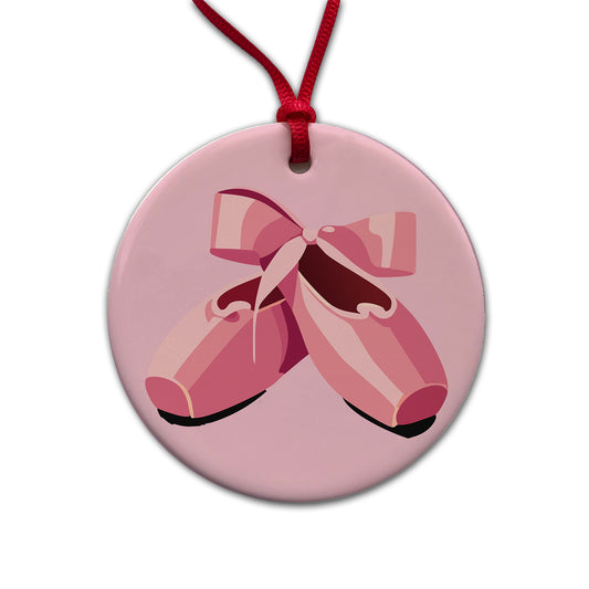 Ballet Shoes Pink with Bow Ballerina Round Ceramic Holiday Christmas Tree Ornament