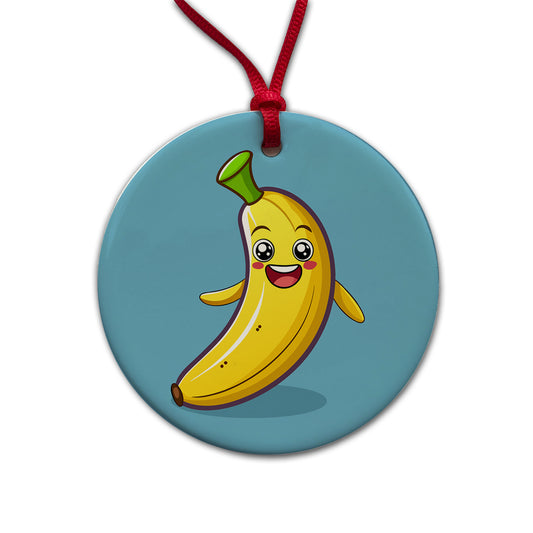 Banana Happy Fruit Round Ceramic Holiday Christmas Tree Ornament