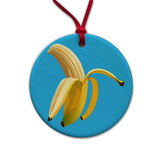 Banana Peeled Fruit Round Ceramic Holiday Christmas Tree Ornament