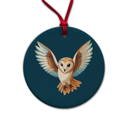 Barn Owl Bird Flying Round Ceramic Holiday Christmas Tree Ornament
