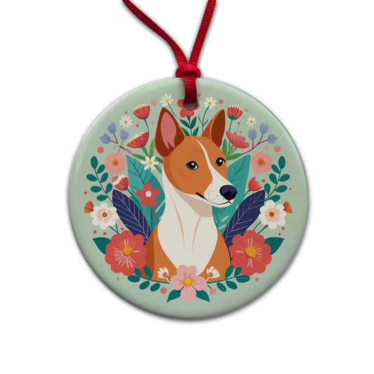 Basenji Dog Floral Flowers Round Ceramic Holiday Christmas Tree Ornament