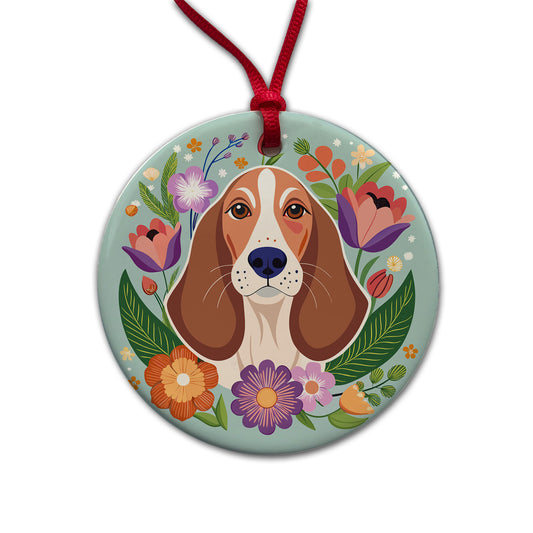 Basset Hound Dog Floral Flowers Round Ceramic Holiday Christmas Tree Ornament