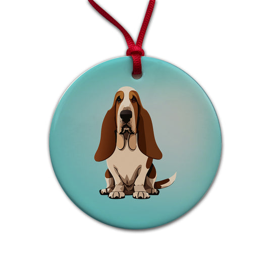 Basset Hound Dog Sitting Round Ceramic Holiday Christmas Tree Ornament