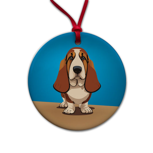 Basset Hound Staring Round Ceramic Holiday Christmas Tree Ornament