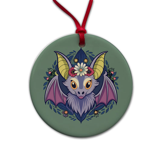 Bat Floral Flowers Halloween Round Ceramic Holiday Christmas Tree Ornament