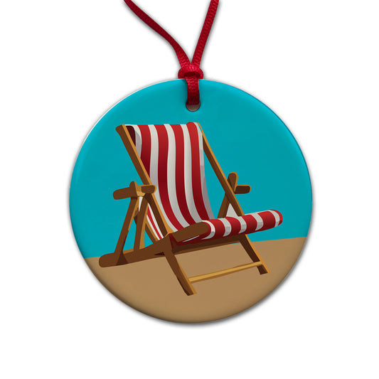 Beach Chair Red White Stripe Vacation Round Ceramic Holiday Christmas Tree Ornament