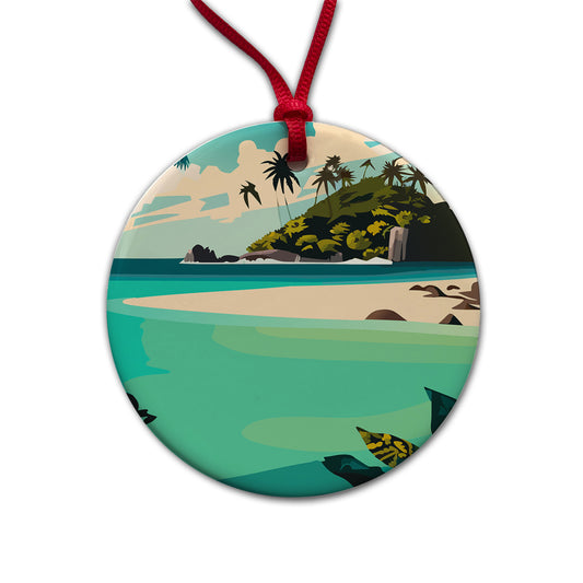 Beach Tropical Island Paradise Vacation Round Ceramic Holiday Christmas Tree Ornament