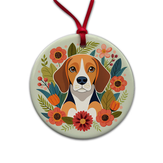 Beagle Dog Floral Flowers Round Ceramic Holiday Christmas Tree Ornament