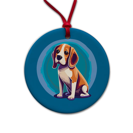 Beagle Dog Sitting Round Ceramic Holiday Christmas Tree Ornament