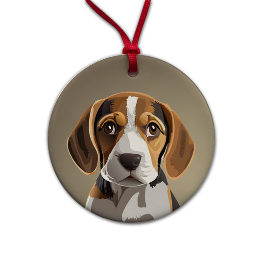 Beagle Dog Staring Round Ceramic Holiday Christmas Tree Ornament