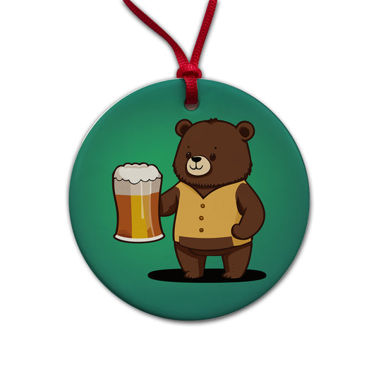 Bear Drinking Beer Standing Funny Round Ceramic Holiday Christmas Tree Ornament