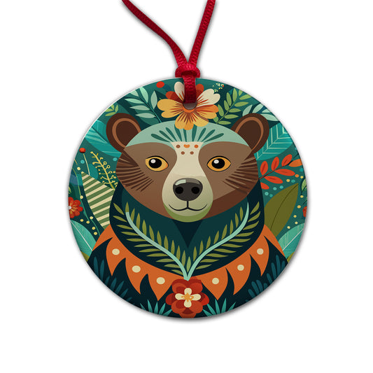 Bear Floral Flowers Round Ceramic Holiday Christmas Tree Ornament