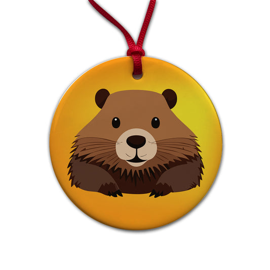 Beaver Cute Staring Round Ceramic Holiday Christmas Tree Ornament
