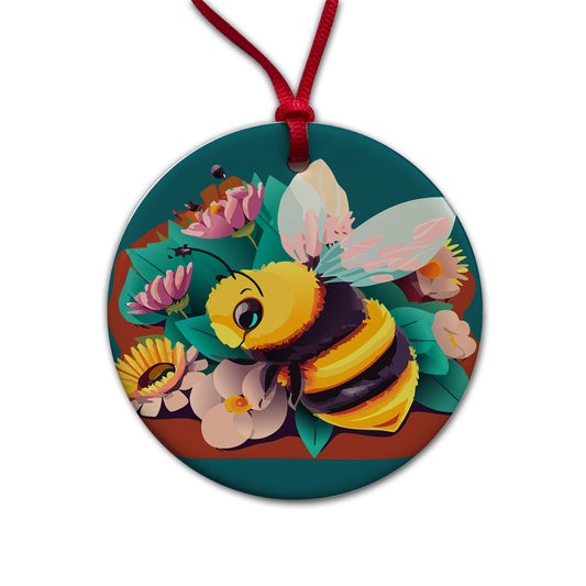 Bee and Flowers Floral Round Ceramic Holiday Christmas Tree Ornament
