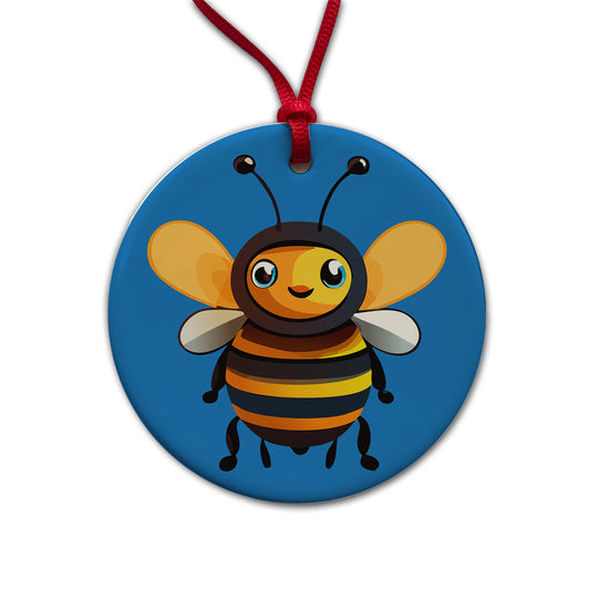Bee Happy Smiling Round Ceramic Holiday Christmas Tree Ornament