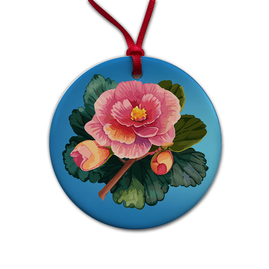 Begonia Flower Watercolor Round Ceramic Holiday Christmas Tree Ornament