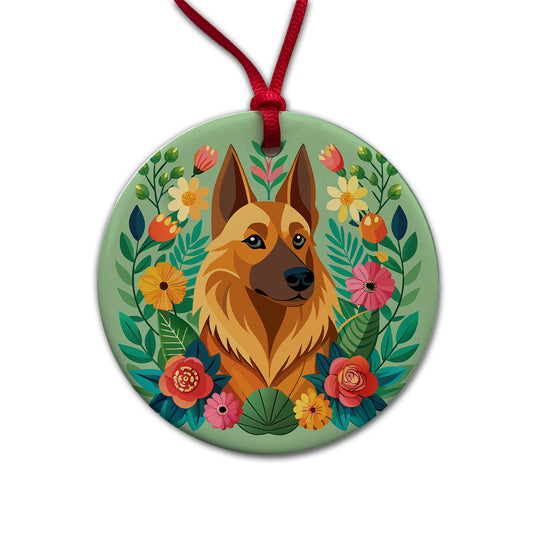 Belgian Shepherd Dog Floral Flowers Round Ceramic Holiday Christmas Tree Ornament